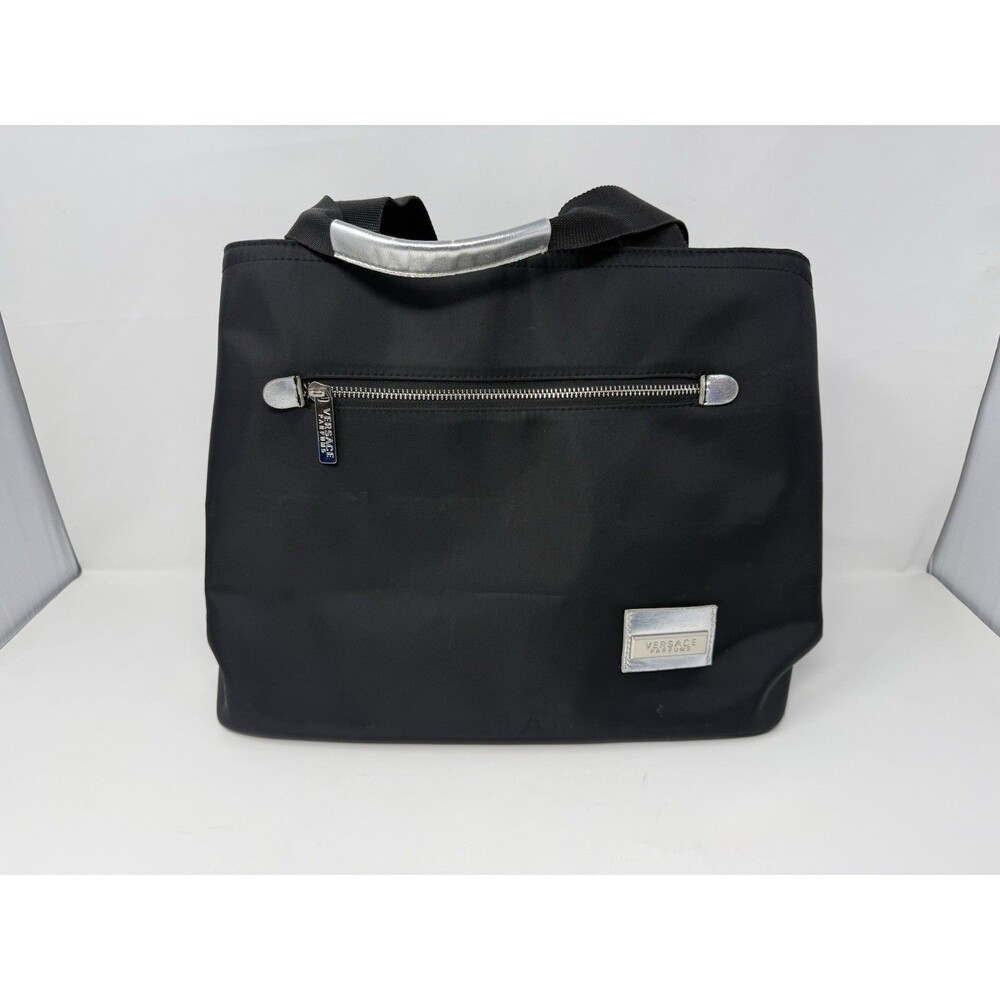 Versace Parfums Black Tote Bag Silver Trim Nylon 3 Compartment Handbag